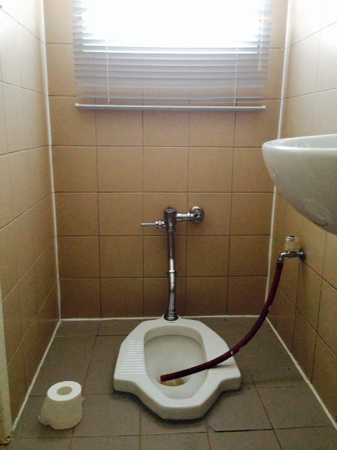 This is the squatty potty in the maid's quarters.  In most cases, the hose is used in replacement of toilet paper.  All of the toilets here (including the other 3 toilets in our house) are equipped with attached hoses.  