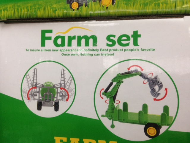 This is written on the back of a toy farm set that is stocked on the shelves at the department store. The message is so slaughtered that I can't even begin to understand, or even guess, what the intended message is supposed to be.